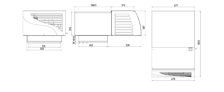 Technische Zeichnung unseres Polarik Decken Monoblocks 5TL1 mit Maßangaben in Zentimetern