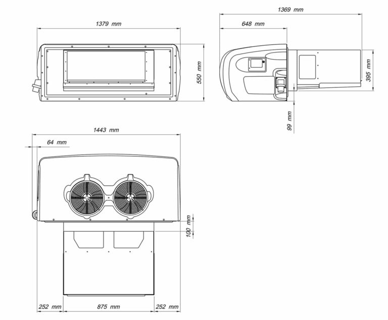 Technische Zeichnung des Kühlaggregats Arktik 2000T mit Maßangaben in Millimetern